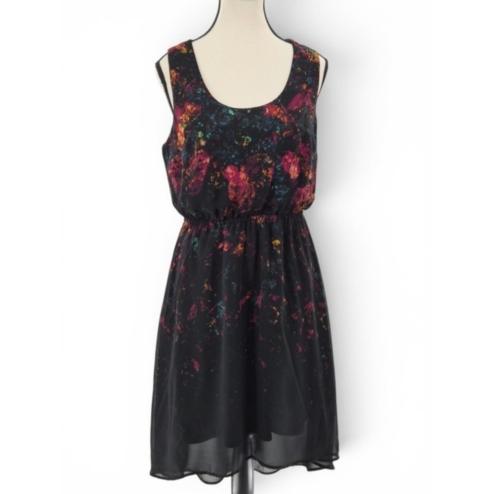 Black Multicolorâ Abstract Galaxy Print Chiffon Midi Dress M High Low Hem Party